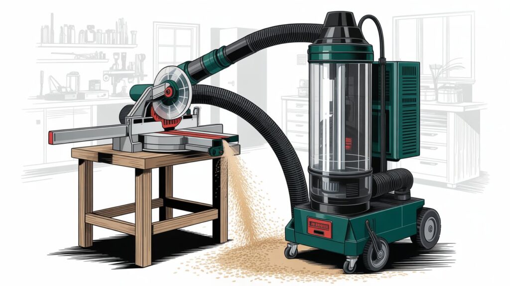 Miter saw dust collection system with high CFM dust extractor in workshop