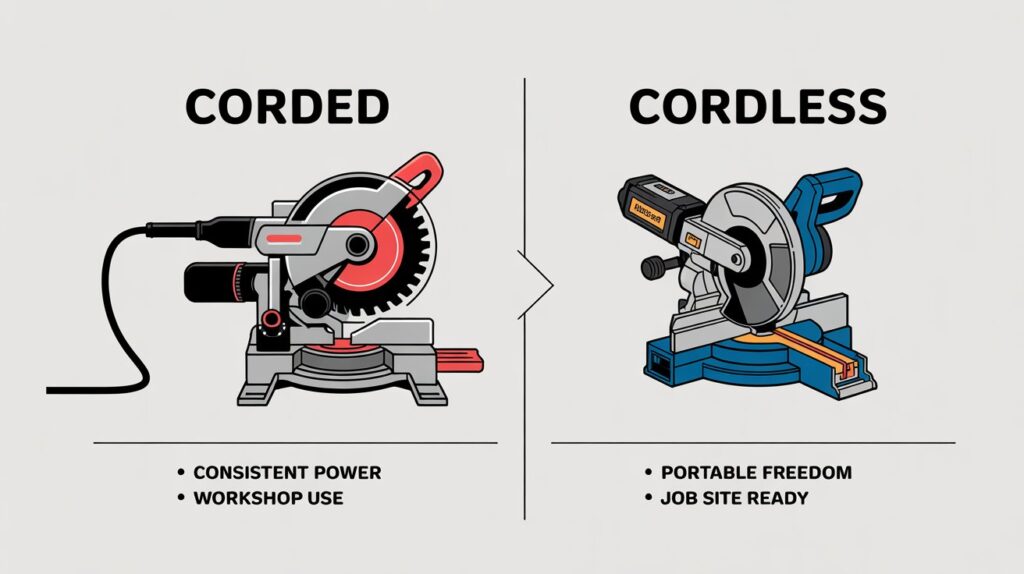 **Alt text:**
Types of miter saws showing corded and cordless models for power and portability comparison
