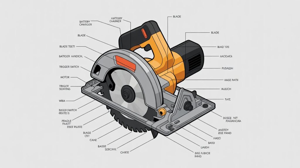 Circular saw parts diagram showing labeled components and functions.