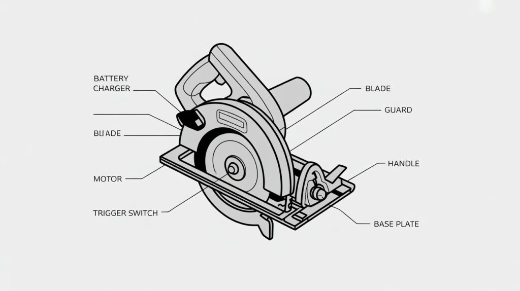 Circular saw parts diagram showing labeled components and functions.