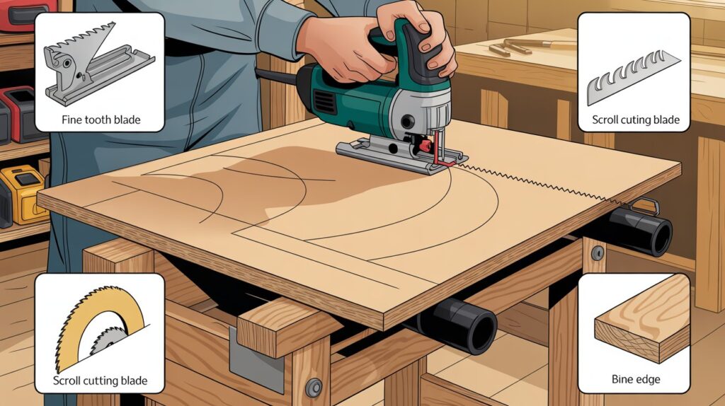 Cutting plywood with jigsaw for curved shapes and detailed woodworking designs with smooth edges