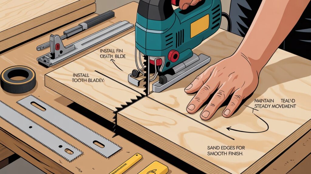 Cutting plywood with jigsaw after proper preparation for accurate and smooth woodworking cuts