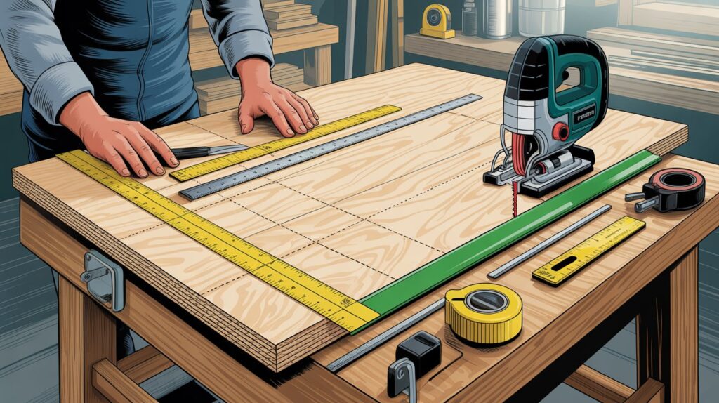 Cutting plywood with jigsaw after proper preparation for accurate and smooth woodworking cuts