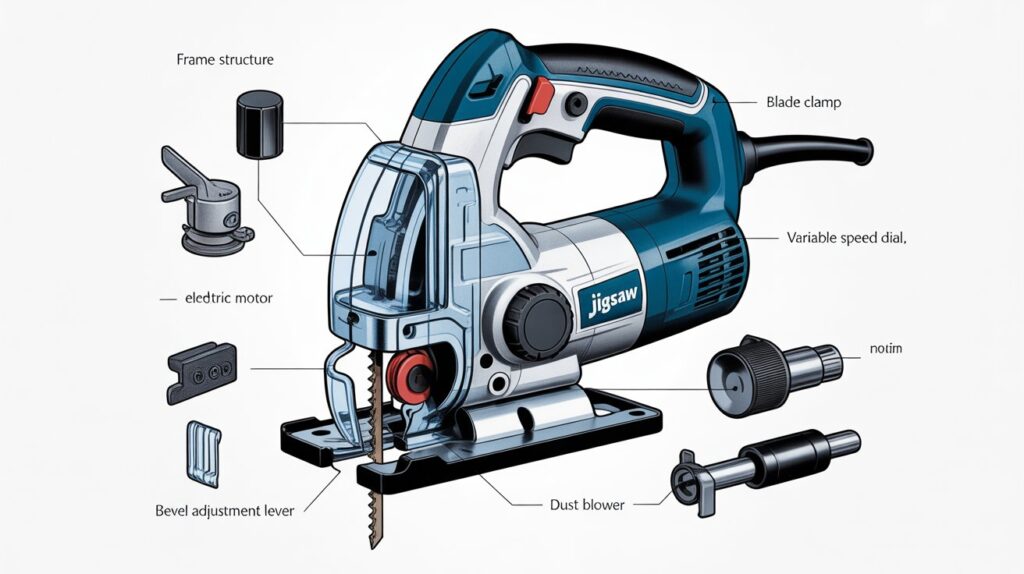 Parts of a jigsaw tool showing key components like motor, blade, and base plate for accurate cutting.