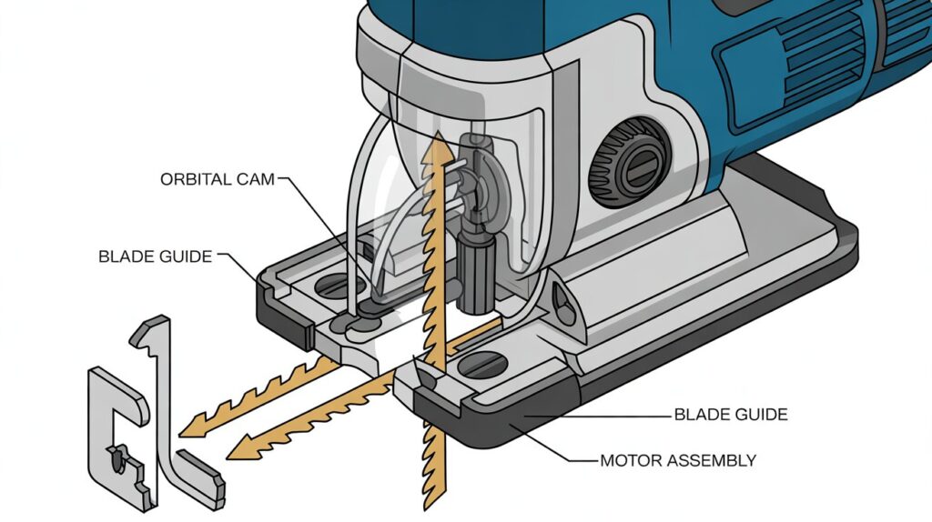 Parts of a jigsaw tool orbital action mechanism improving cutting speed and efficiency.