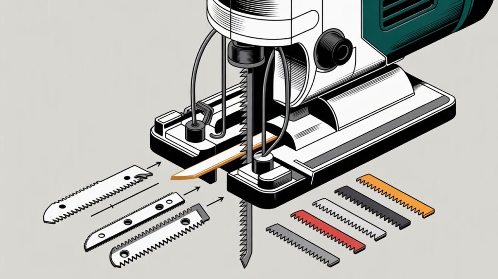 Parts of a jigsaw tool blade clamp and changing system for secure and quick blade replacement.
