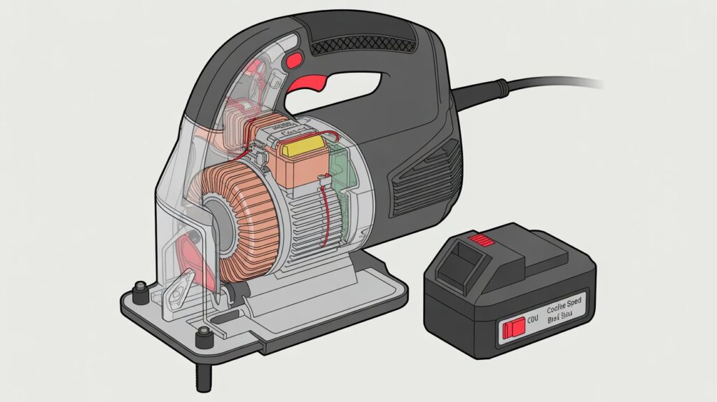 Parts of a jigsaw tool motor and power system controlling blade speed and cutting performance.