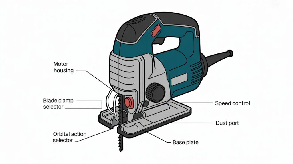 Parts of a jigsaw tool used for accurate cutting in wood, plastic, and metal.
