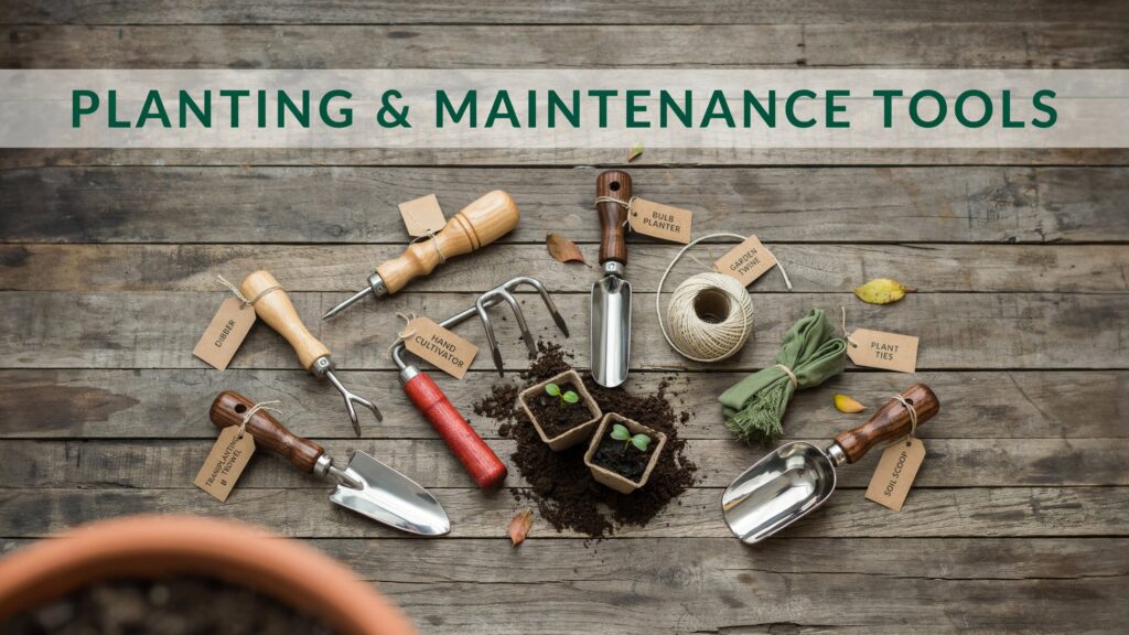 What Are the 50 Most Common Gardening Tools? Planting and maintenance tools including dibber, bulb planter, hand weeder, cultivator, and transplanting trowel.