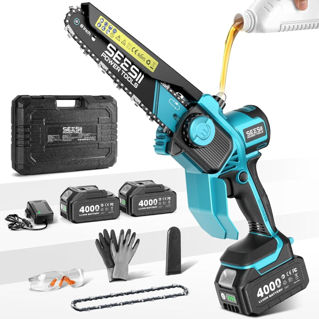 What is the best mini chainsaw to buy – SEESII 8-inch cordless mini chainsaw for safe tree trimming and yard maintenance.