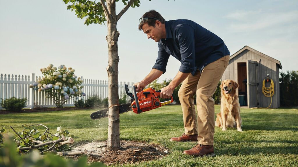 Can a mini chainsaw cut a tree? Compact mini chainsaw cutting a small tree branch safely outdoors.