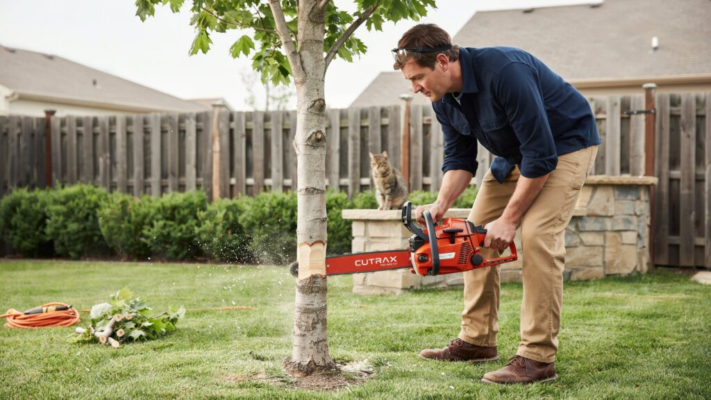 Can a mini chainsaw cut a tree? Compact mini chainsaw cutting a small tree branch safely outdoors.