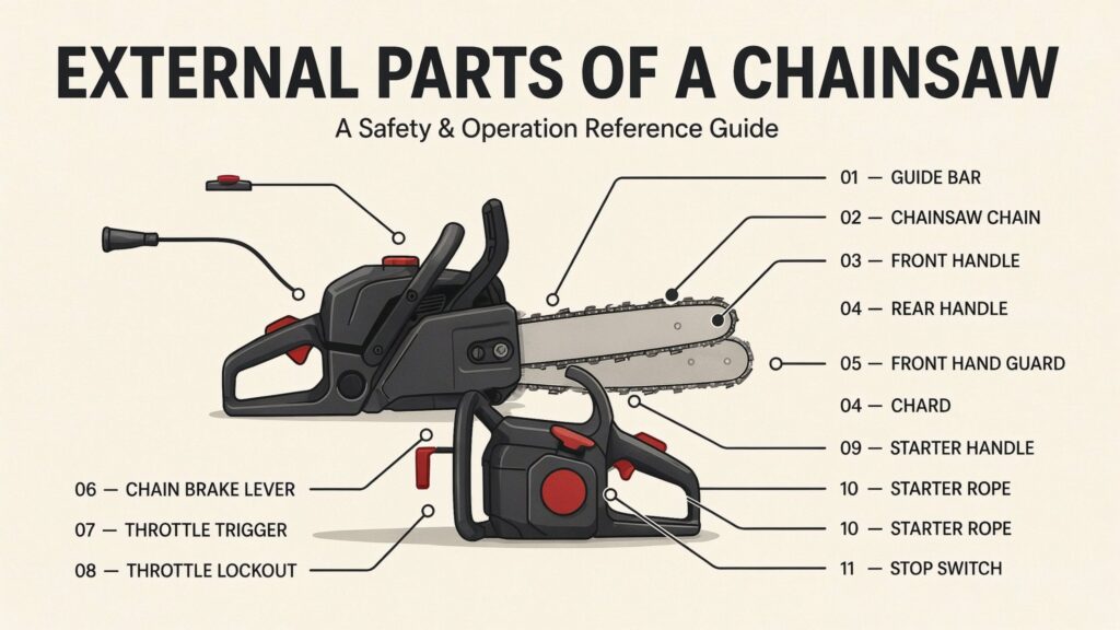 Parts of a chainsaw labeled to show the main components and their functions.