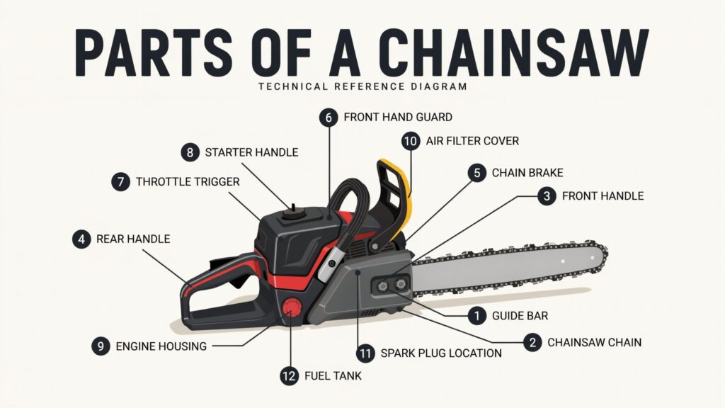 Parts of a chainsaw diagram with labeled components for easy identification and maintenance.