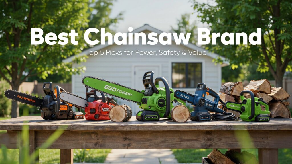 Best Chainsaw Brand hero image showing the top 5 chainsaws for safe, powerful, and efficient wood cutting.