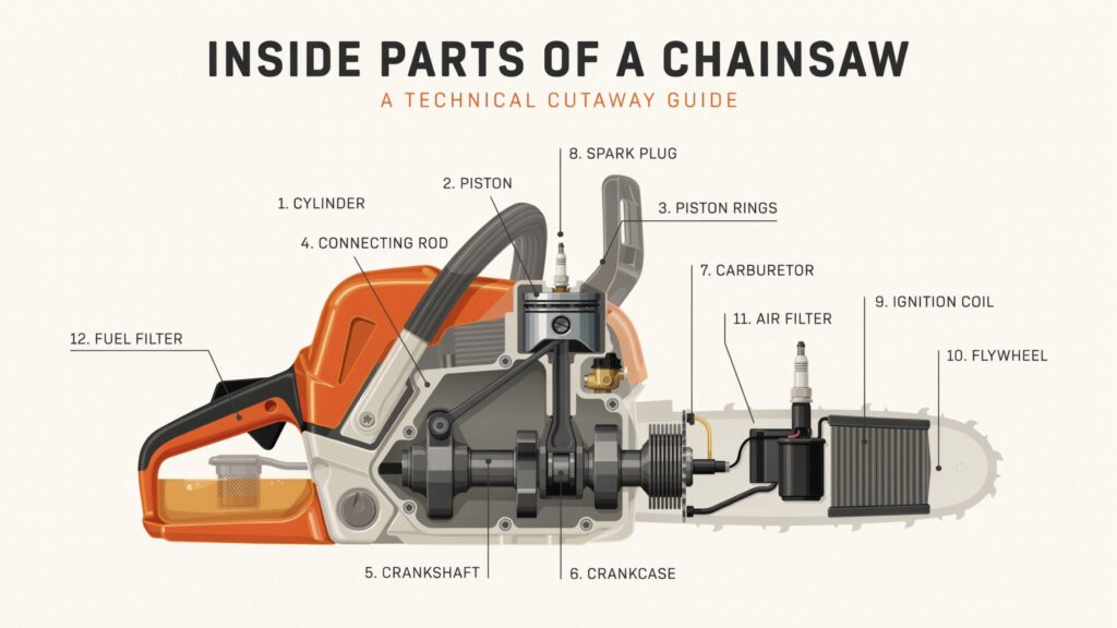 Parts of a chainsaw showing the inside engine components and their functions.