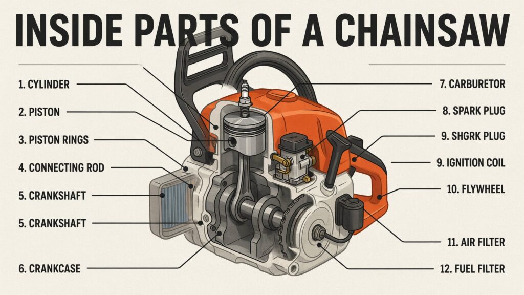 Parts of a chainsaw showing the inside engine components and their functions.