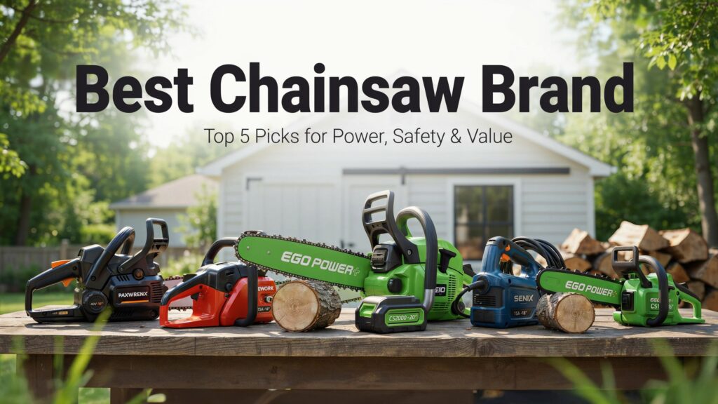 Best Chainsaw Brand hero image showing the top 5 chainsaws for safe, powerful, and efficient wood cutting.