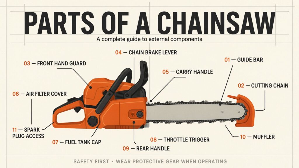 Parts of a chainsaw labeled to show the main components and their functions.