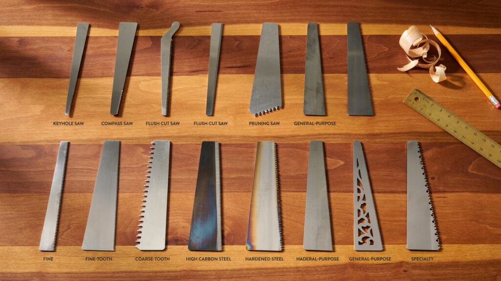 Hand saw blades for wood showing keyhole, compass, flush cut, pruning, fine-tooth, coarse-tooth, and specialty blade types.