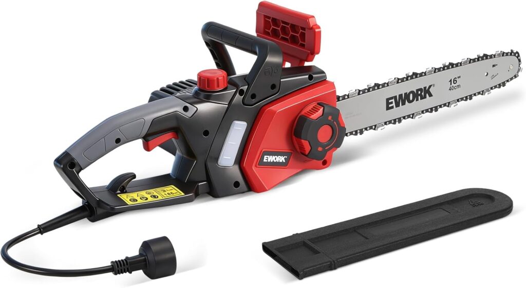 Best Chainsaw Brand featuring the EWORK 16-inch corded electric chainsaw for reliable tree cutting.
