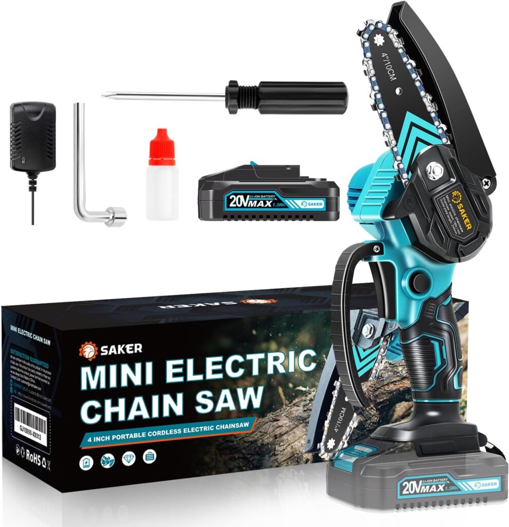 What is the best mini chainsaw to buy – Saker cordless mini chainsaw for pruning branches and home garden maintenance.