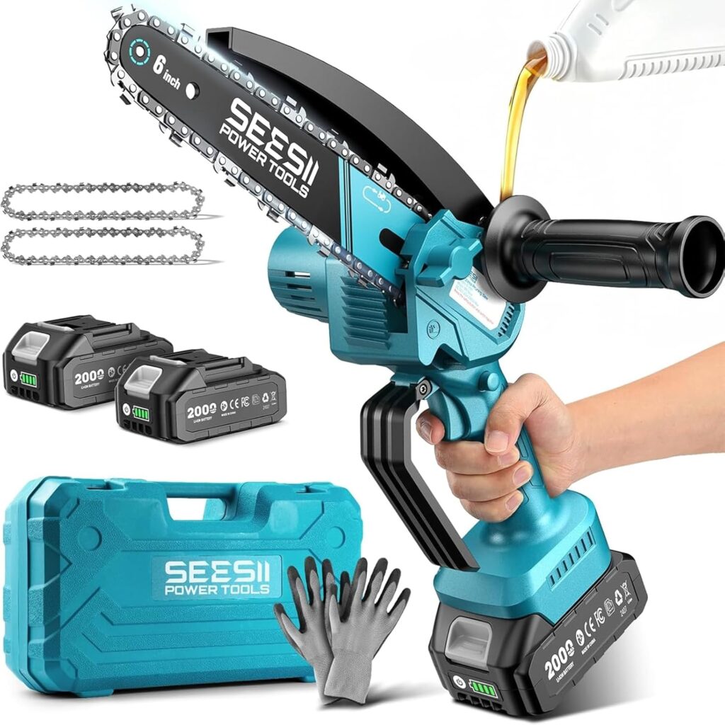 What is the best mini chainsaw to buy – SEESII 6-inch cordless mini chainsaw for tree trimming and yard maintenance.