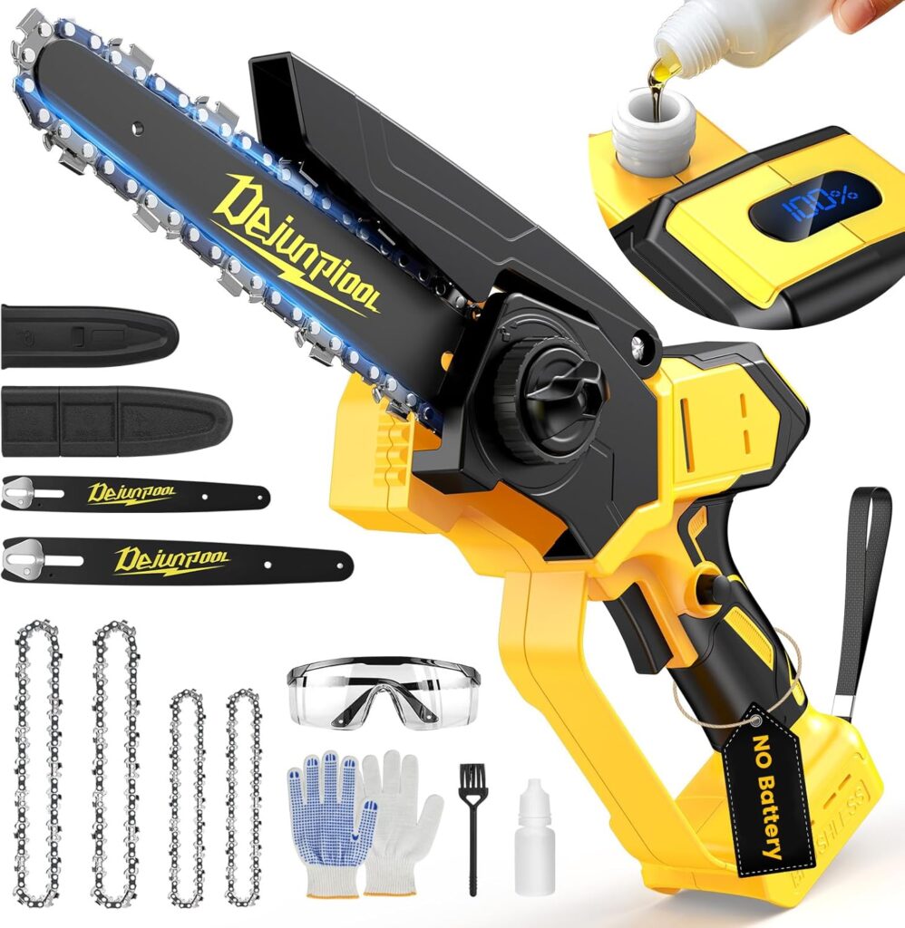 What is the best mini chainsaw to buy – DEJUNPIOOL cordless mini chainsaw compatible with DeWalt batteries for tree trimming.