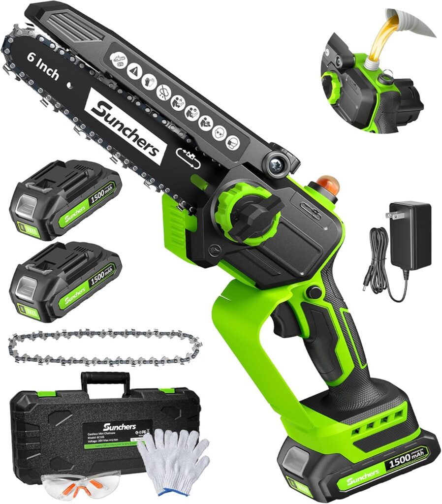 What is the best mini chainsaw to buy – SUNCHERS 6-inch cordless mini chainsaw for tree trimming and yard work.