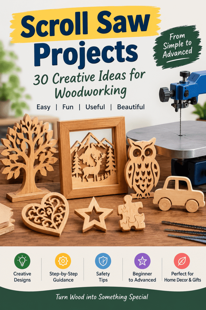 Scroll saw projects featuring wooden decorations, puzzles, picture frames, and creative woodworking crafts.