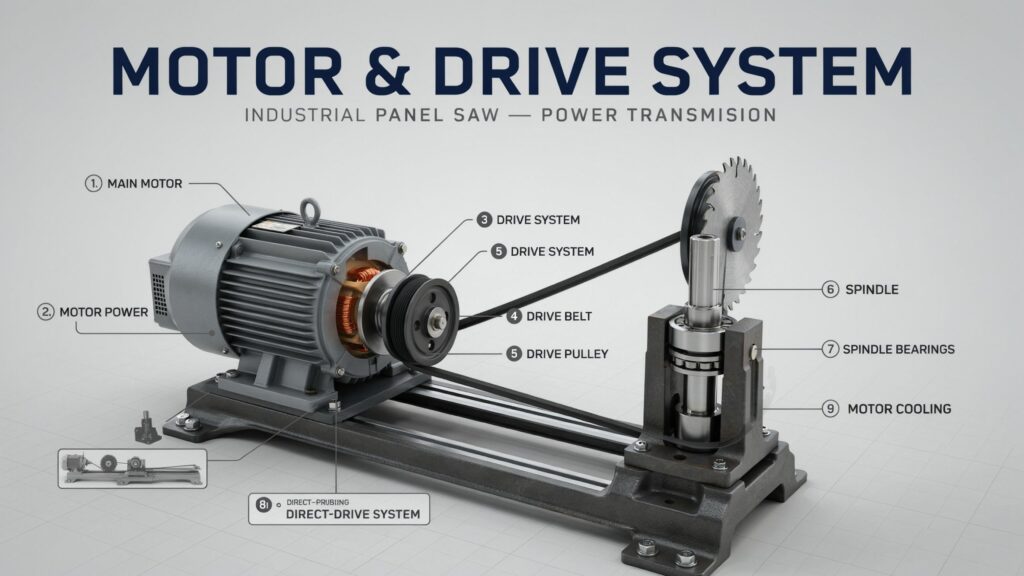 Panel saw parts showing the motor and drive system
