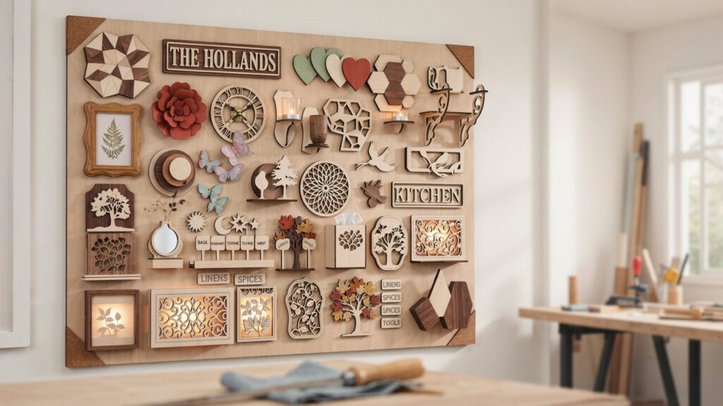 Scroll saw projects for home decor, including wooden wall art, picture frames, clocks, and ornaments.