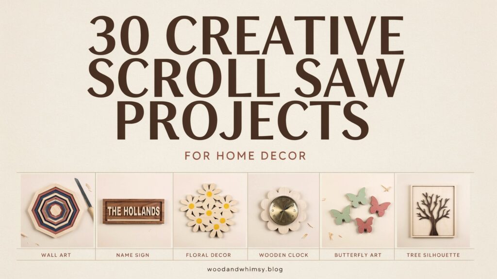 Scroll saw projects for home decor, including wooden wall art, picture frames, clocks, and ornaments.