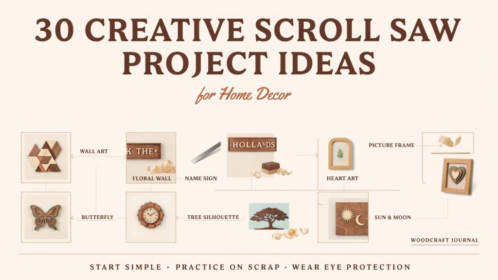 Scroll saw projects for home decor, including wooden wall art, picture frames, clocks, and ornaments.