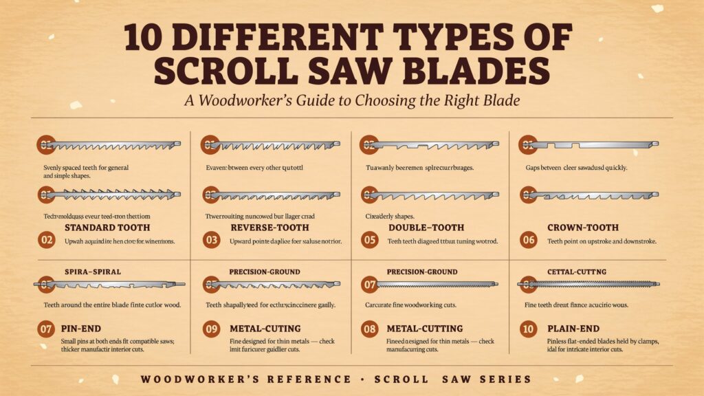 Different scroll saw blades for smooth cuts, fine details, and woodworking projects.