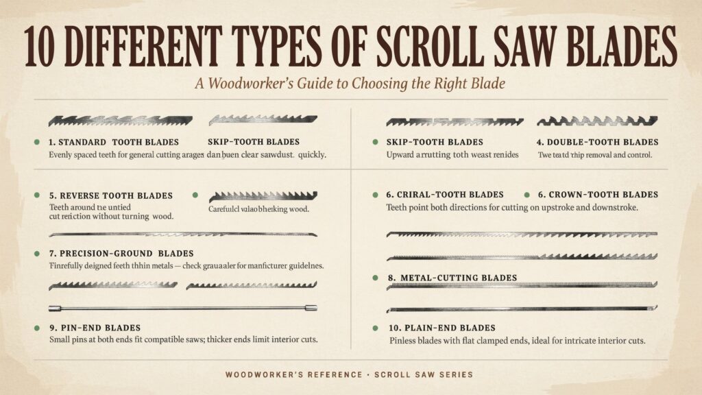 types of scroll saw blades for detailed woodworking, curved cuts, and intricate patterns.