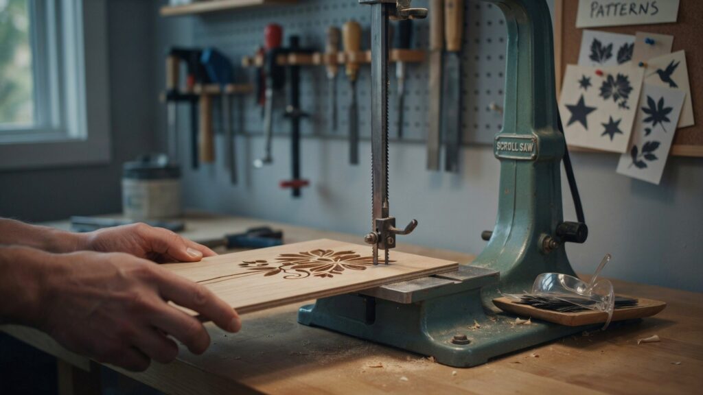 1. Scroll saw design for cutting decorative shapes from wood.