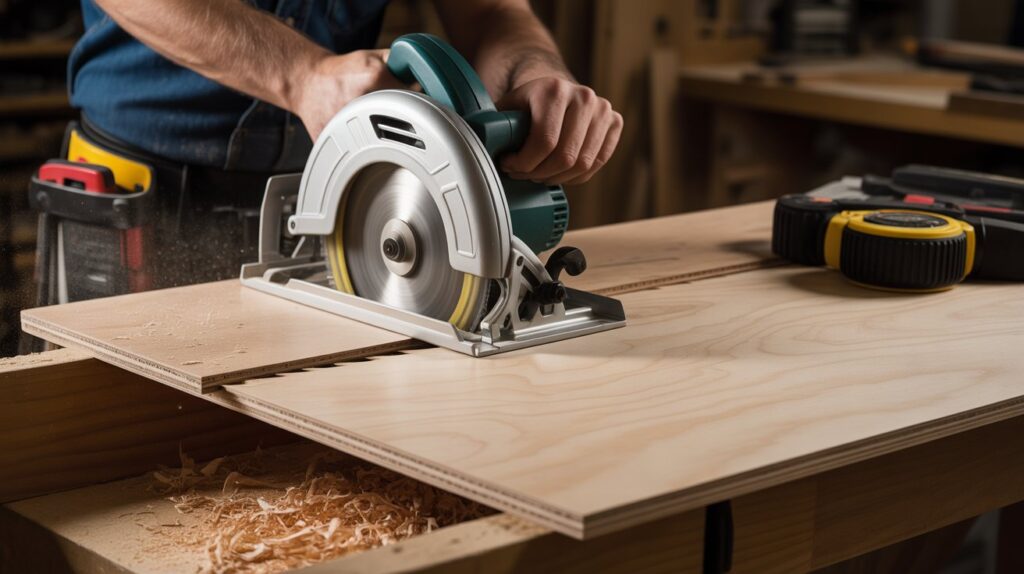 Person using a circular saw to cut plywood on a workbench, showing precise cutting technique and safety setup.
