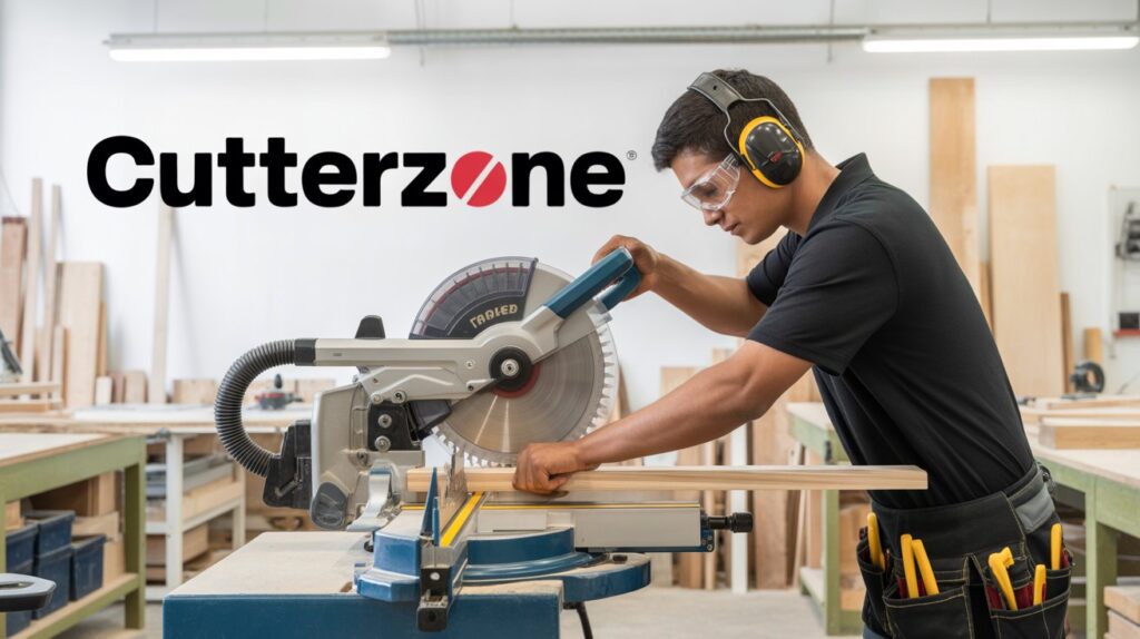 A person using miter saw safely in a cutterzone.com worksop