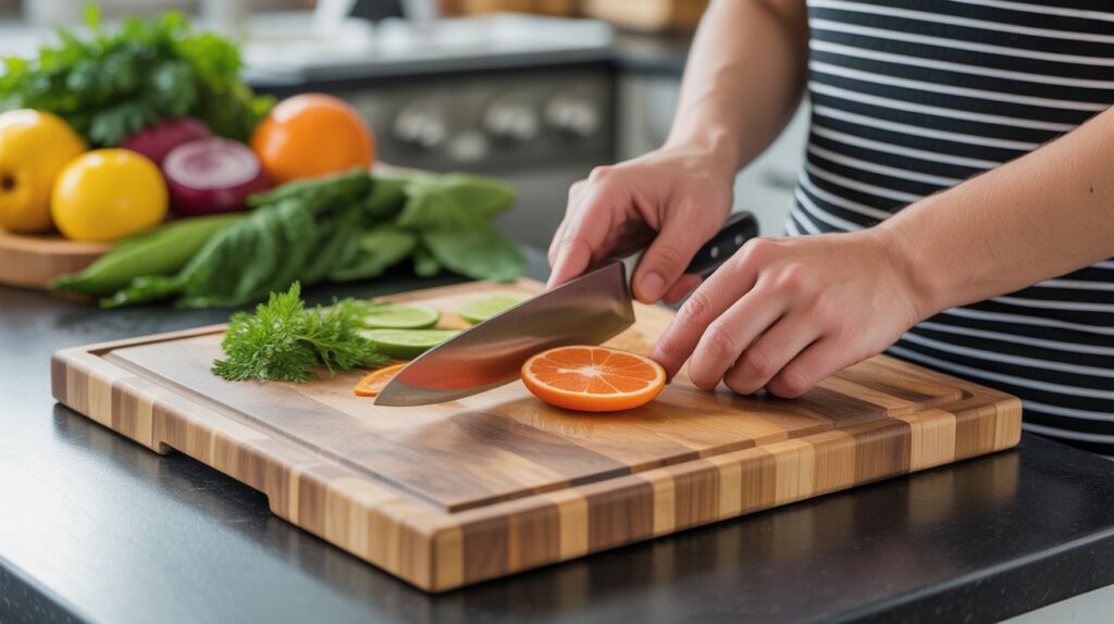 Person slicing an orange on a wooden cutting board in a kitchen.
