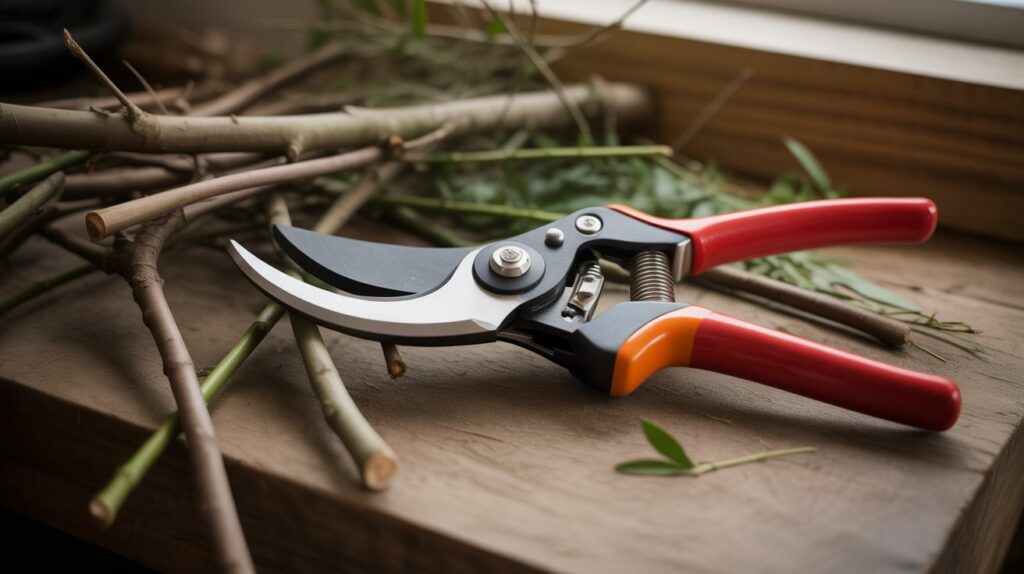 anvil pruners cutting dry branches during garden maintenance