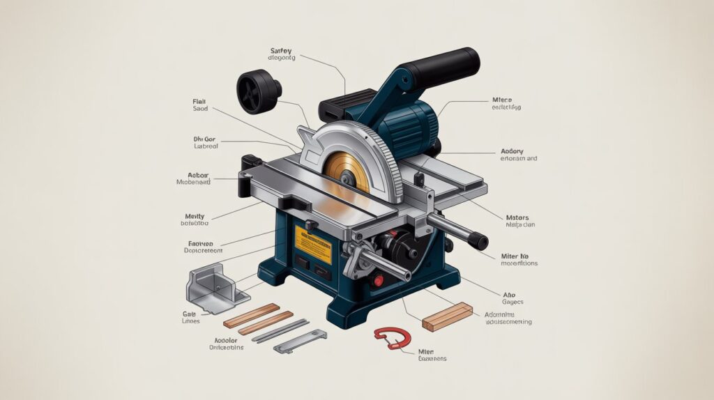 Diagram showing table saw components and their functions