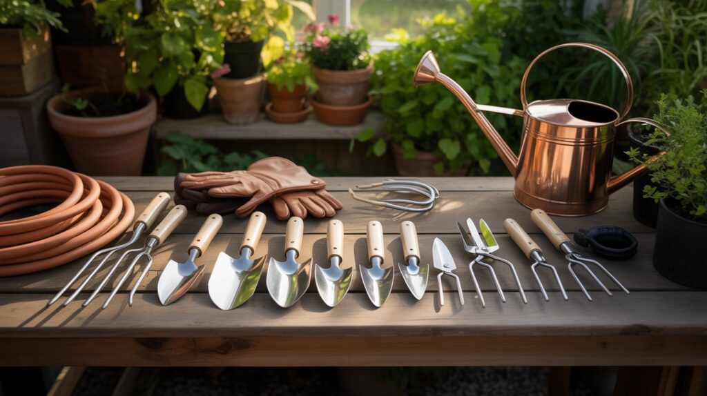 Essential gardening tools garden set displayed for planting, watering, and maintenance tasks.