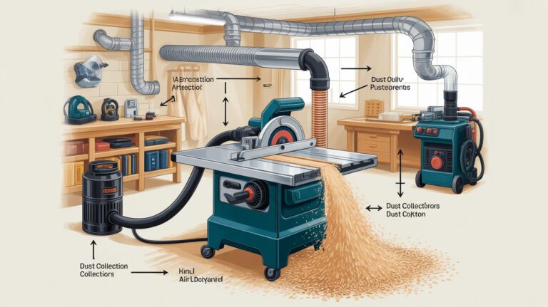 Tablesaw dust collection system capturing sawdust for a cleaner and safer woodworking workshop