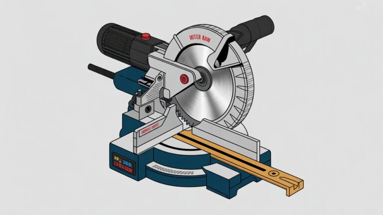 Miter saw components showing blade, motor, fence, and controls