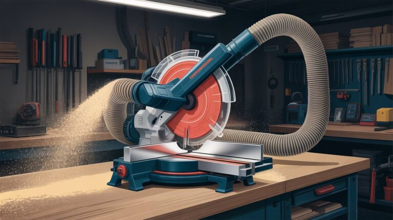 Miter saw dust collection setup with dust hood and vacuum system in a woodworking shop