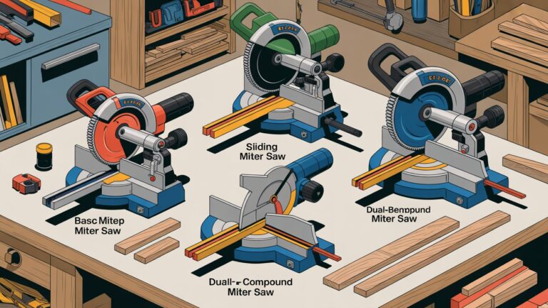 Types of miter saws displayed, showing standard, compound, and sliding models used for accurate woodworking cuts