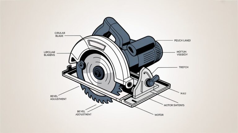 Circular saw parts diagram showing labeled components and functions.