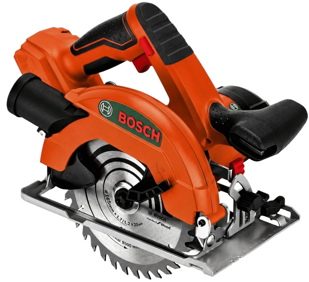 An orange and black Bosch circular saw with a metal blade, isolated against a white background.