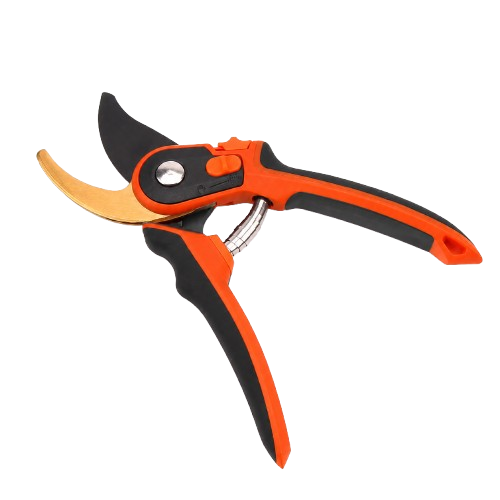 An orange and black garden pruning shears with a gold-colored lower blade, isolated against a white background.